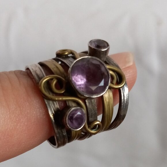 Handmade Silver & Bronze Amethyst Multi-Band Ring - Picture 1 of 8